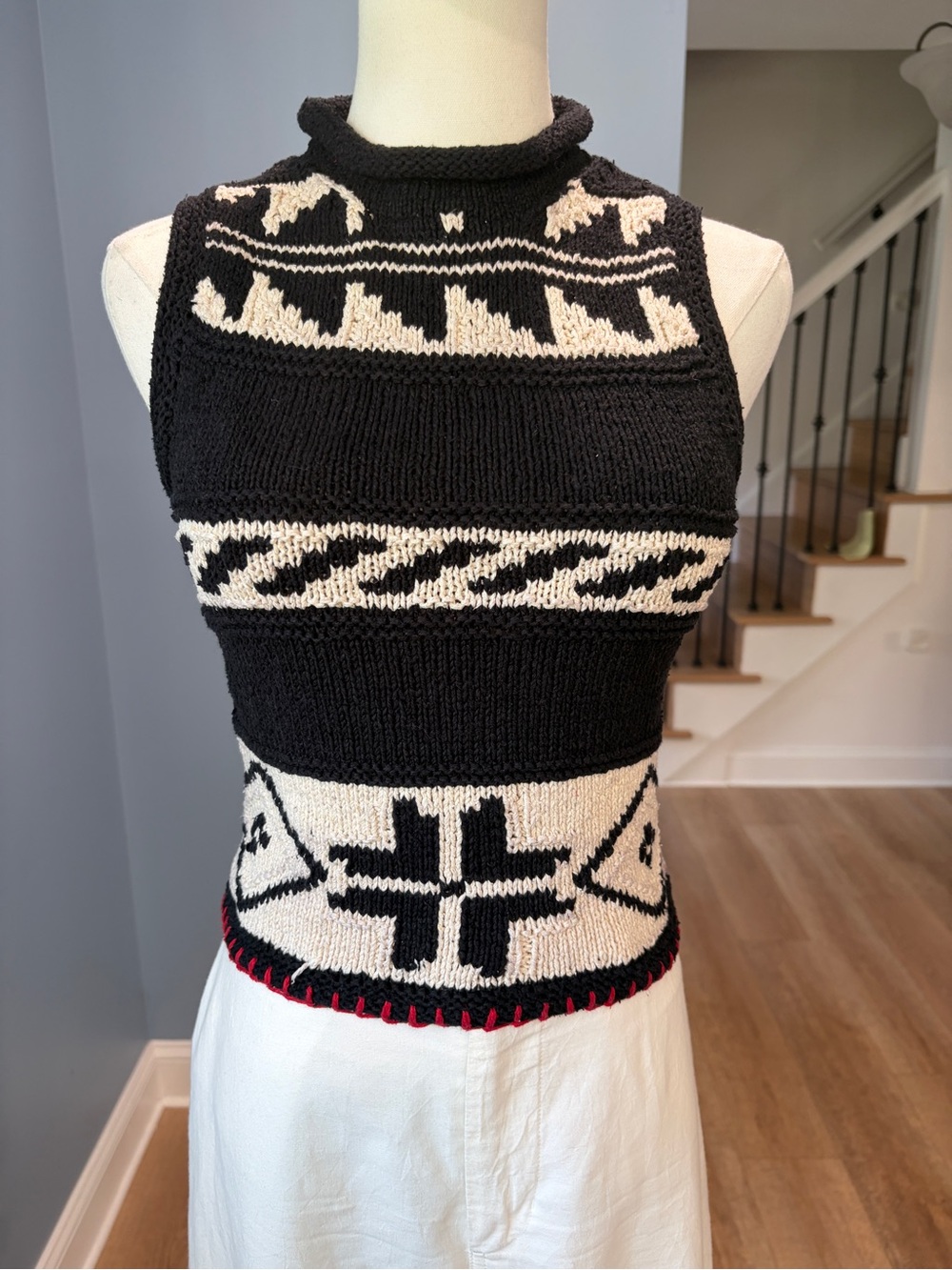 Ralph Lauren Black Cream Fair Isle Silk Linen Cotton Hand Knit Sweater Vest XS